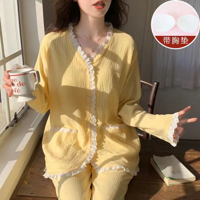 Venta al por mayor transfronteriza con almohadilla para el pecho Nubes de algodón Pijamas de primavera y otoño Pantalones de manga larga para mujer Nuevo estilo Cárdigan de encaje dulce Servicio a domicilio