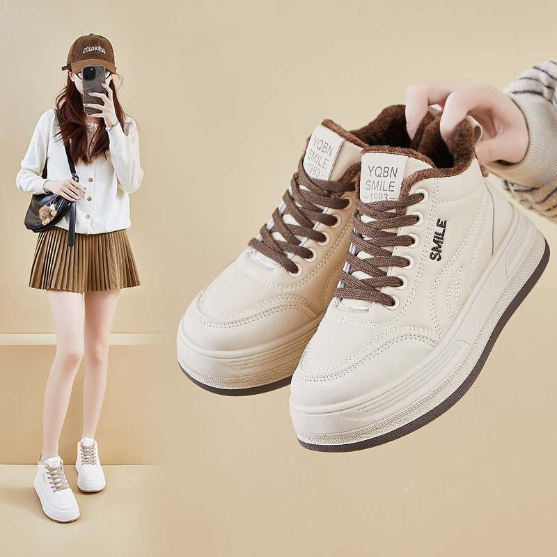 2025 Winter Velvet White Shoes New Korean Style Ins Female Students Thick-Soled Heightening Sports Sneakers Casual Q8992