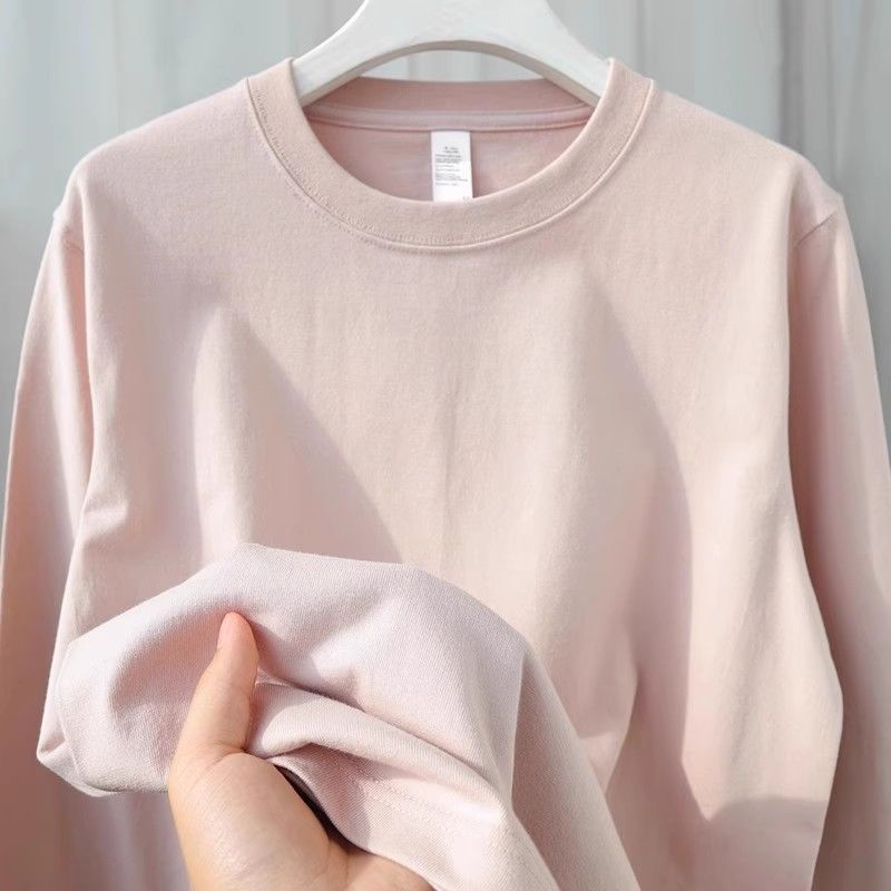 新疆棉 低饱和色系300g重磅棉长袖t恤女显白粉米色好品质打底衫