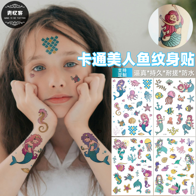 Cross-Border Supply Wholesale Mermaid Temporary Tattoo Stickers Kidsren's Cartoon Cute Princess Fun Toy Party