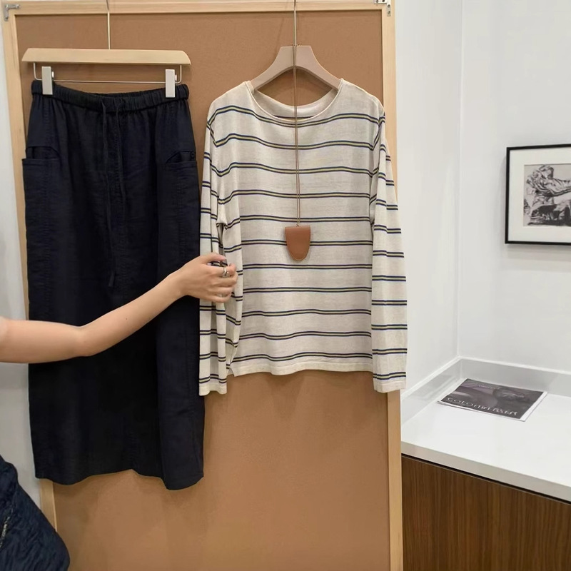 Tencel Linen Knitwear Women's Summer Thin One-Line Collar Rolled Edge Sun Protection Long-Sleeved Blouse Stripesd T-Shirt Air-Conditioned Shirt