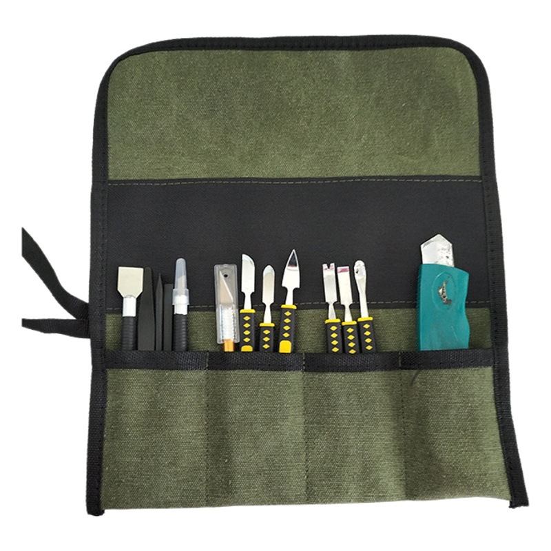 En stock bolsa de almacenamiento de herramientas de carpintería multifuncional bolsa de cuchillo de talla de lona plegable kit de herramientas de tambor bolsa de hardware
