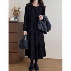 韩版跨境黑色长袖连衣裙女秋季大码胖mm宽松显瘦气质拼接大摆长裙