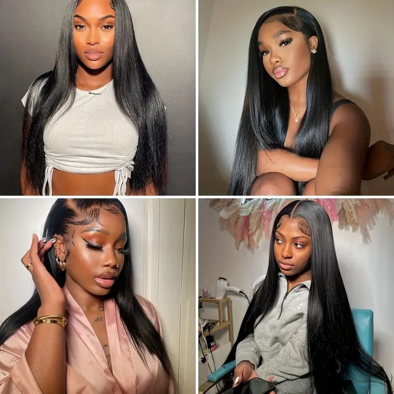 Peruca de cabelo liso estilo europeu-americano com frente de renda, longa e com repartição central, em cabelo sintético._voghion.com