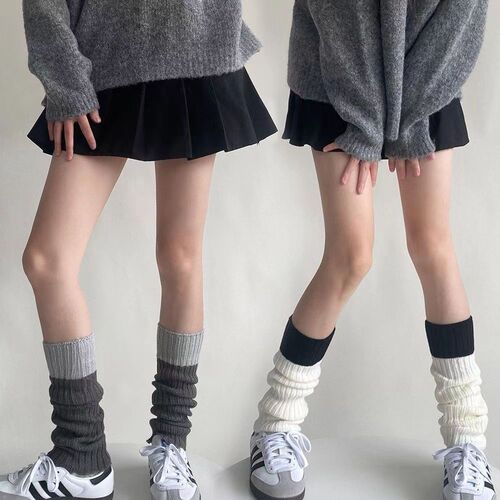 Knitted socks for spring and autumn wool contrasting color splicing leg covers simple and versatile pile socks gray warm socks calf socks