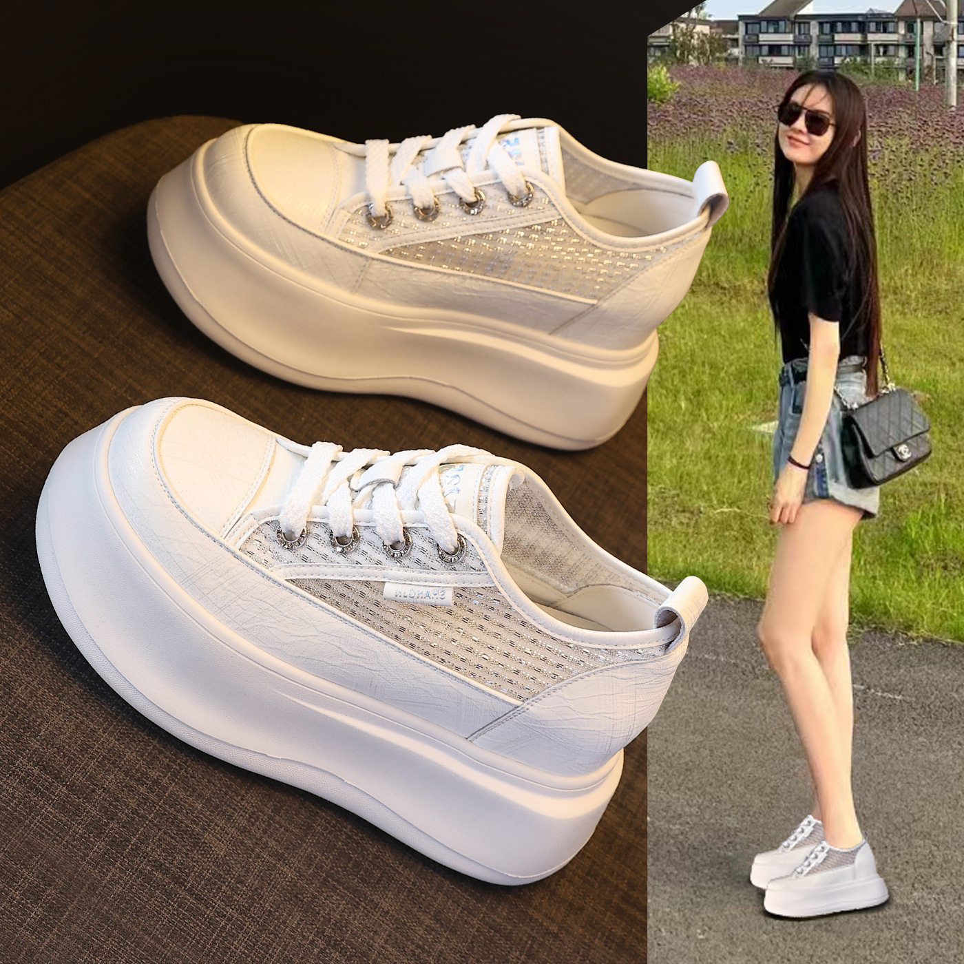 Giày sneaker nữ đế dày tăng chiều cao, kiểu dáng trắng cơ bản phối hợp mọi trang phục — màu trắng