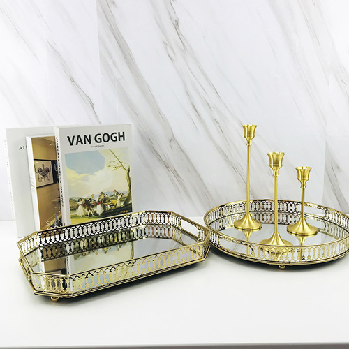 European iron gold glass tray mirror bottom metal tray jewelry display tray decorative fruit plate