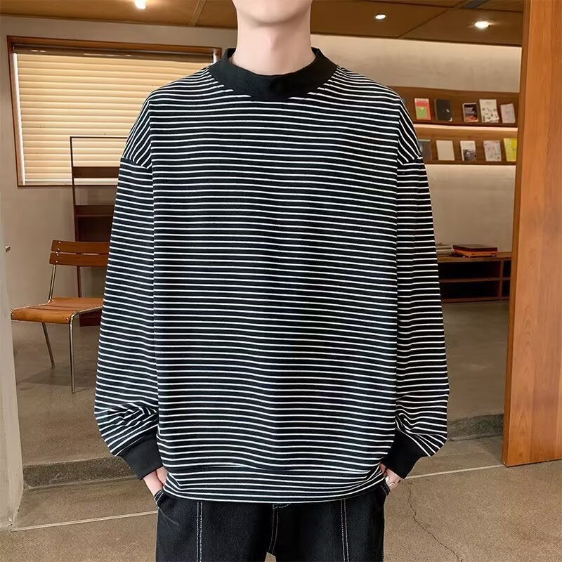 Boys Striped Long Sleeve Base Layer Shirt With Half High Collar_voghion.com