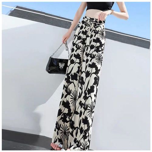 Women's Summer High-Waist Loose Flowy Tie-Dye Straight Wide-Leg Pants with Ice Silk Floral Pattern Floor-Length Hanging Drop Pants Casual Suit Pants