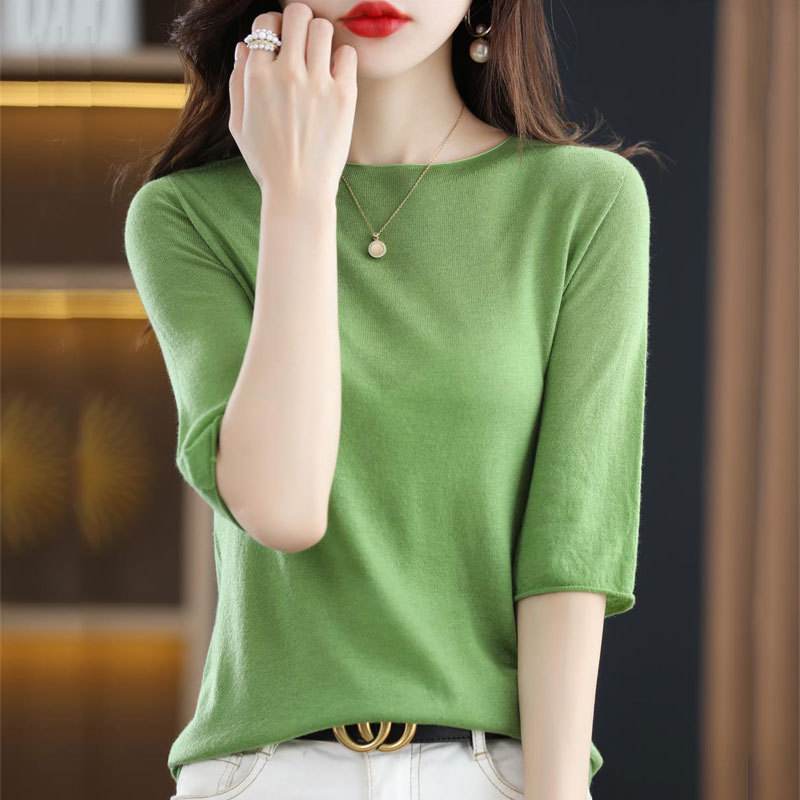 Rolled Edge Half Turtleneck Mulberry Silk Worsted Wool Knitted Short-Sleeved Women's T-Shirt Summer Thin Half-Sleeved Vest Top Pure Color