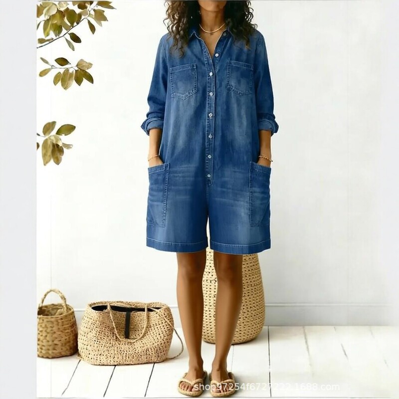 2026 New Summer Style Korean Style Lapel Imitation Denim Jumpsuit for Women, Loose Slimming Wide-Leg Casual Jumpsuit