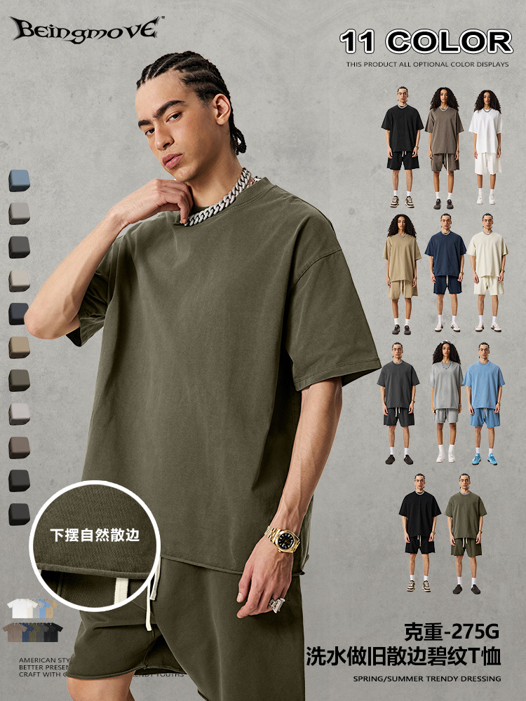 2025 verano comercio exterior transfronterizo pequeño cuello camiseta suelta camiseta en blanco de color sólido marca de moda T-shirt de manga corta moda masculina