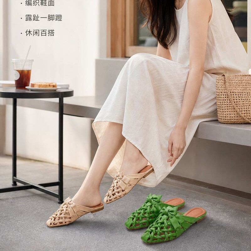 2026 Spring/Summer Women's Mules in Top Layer Cowhide, Hollow Woven High-Heeled Sandals, Versatile 2026 Spring/Summer Women's Mules in Top Layer Cowhide, Hollow Woven High-Heeled Sandals, Versatile
