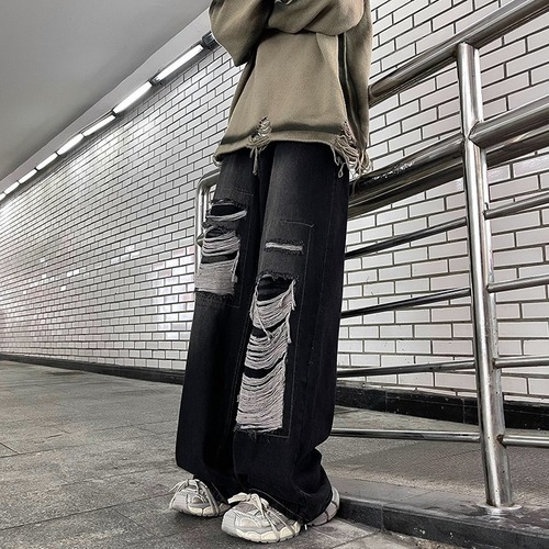 Vintage American-style ripped jeans for men and women, washed and distressed, loose wide-leg straight-leg floor-length streetwear brand pants