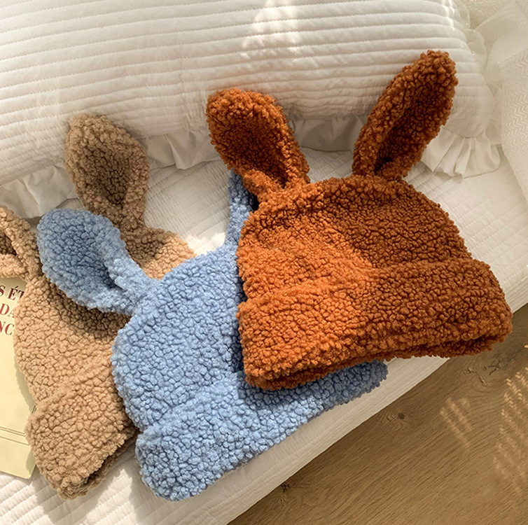 Lamb Wool Rabbit Ears Hat Women's Autumn and Winter 2021 New Warm Internet Celebrity Korean Version Cute Stuffed Pullover Hat