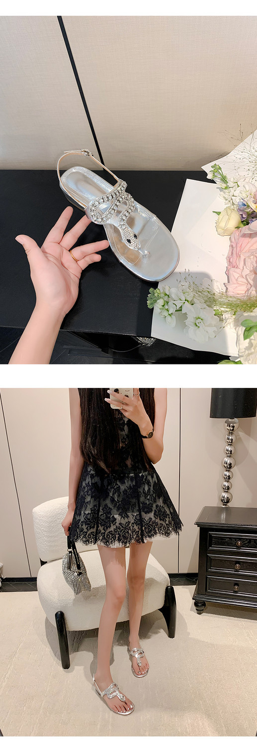 Dép xỏ ngón nữ da thật gót trung dày hở ngón phong cách Pháp đính đá rhinestone — Màu bạc chi tiết 12