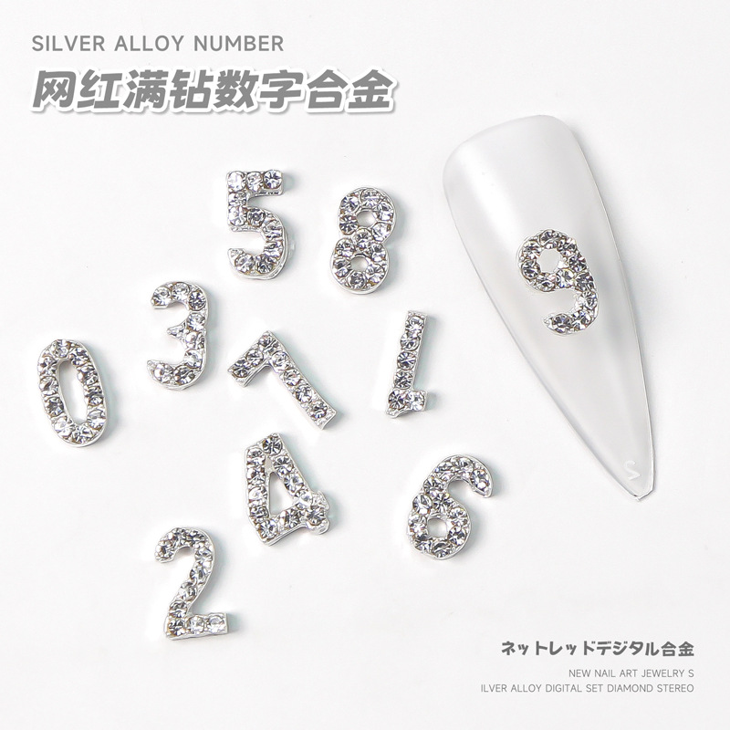 Cross border 0-9 number 2022 new pattern alloy solid Diamond Diamond Nail enhancement silvery Nail Drill Jewelry