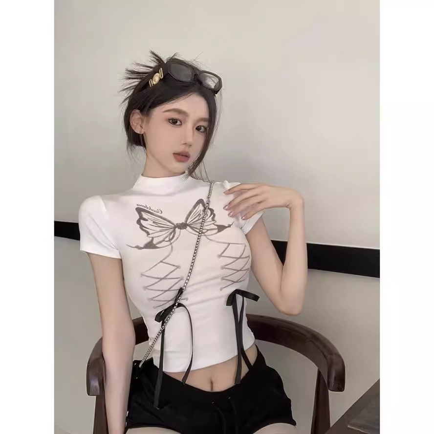 활 인쇄 반 높이 목 반팔 티셔츠 여성용 여름 꽉 끼는 슬리밍 스파이스 소녀 짧은 빈티지 퓨어 탑