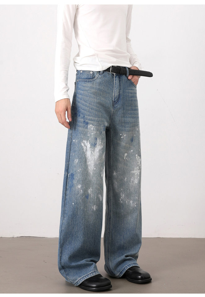 Quần jeans nam ống rộng dáng thẳng phong cách Hàn Quốc, họa tiết vẽ tay độc đáo — Màu xanh dương chi tiết 10