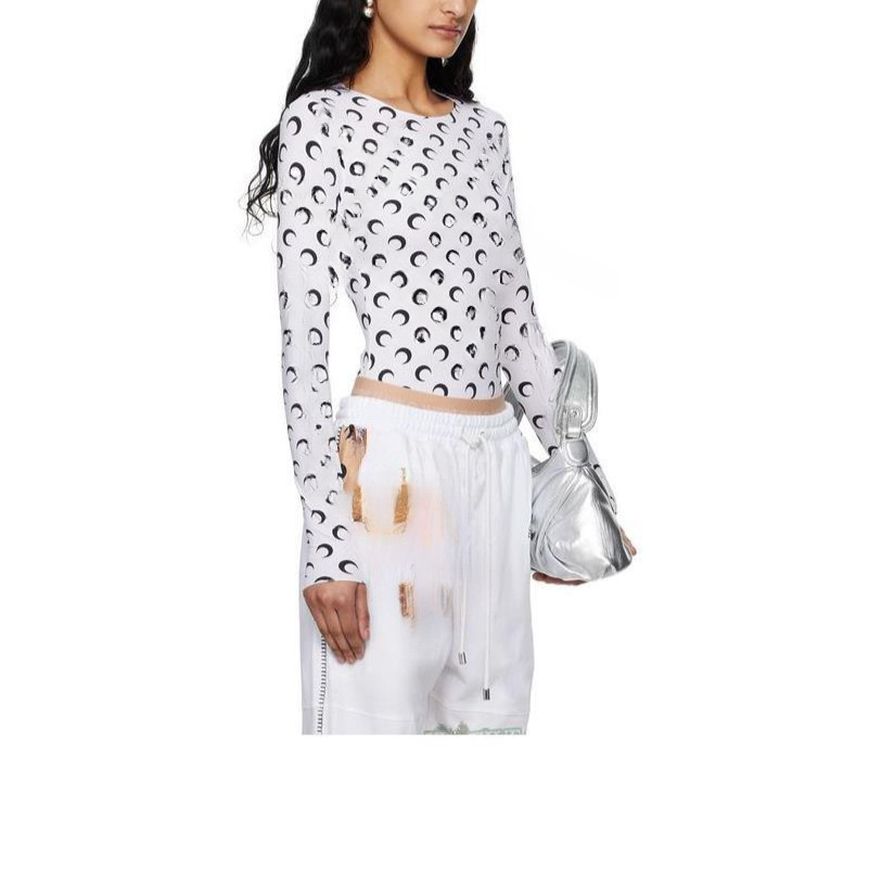 Marin*E Women's Moon-Pattern Base Layer Shirt 2025 Autumn and Winter Stretchy Slim-Fit Inner T-Shirt Ice Silk Base Layer Shirt for Women