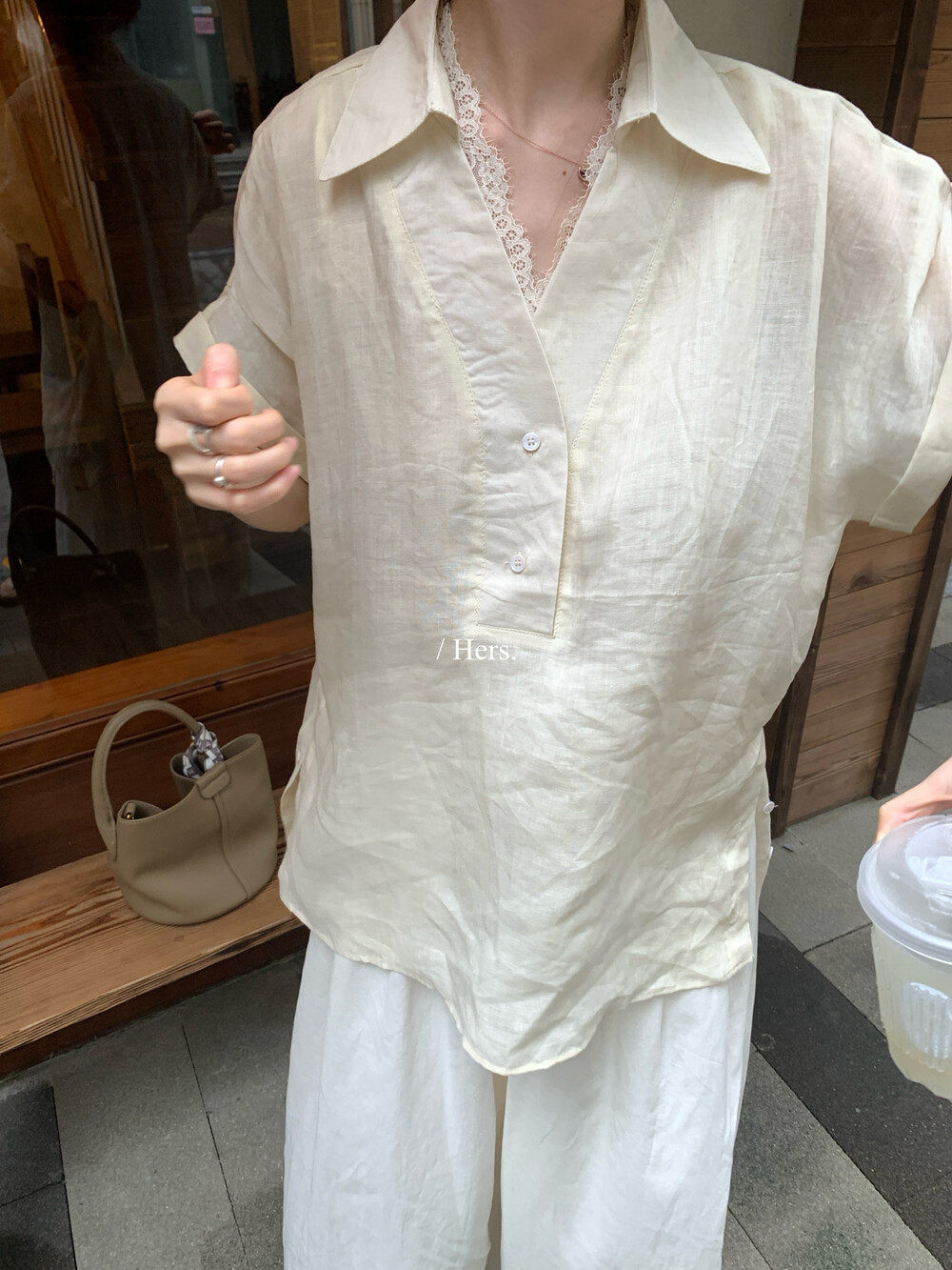 Áo sơ mi nữ linen tay ngắn cổ V phong cách Pháp — nghệ, màu hồng, màu trắng, màu mơ chi tiết 12