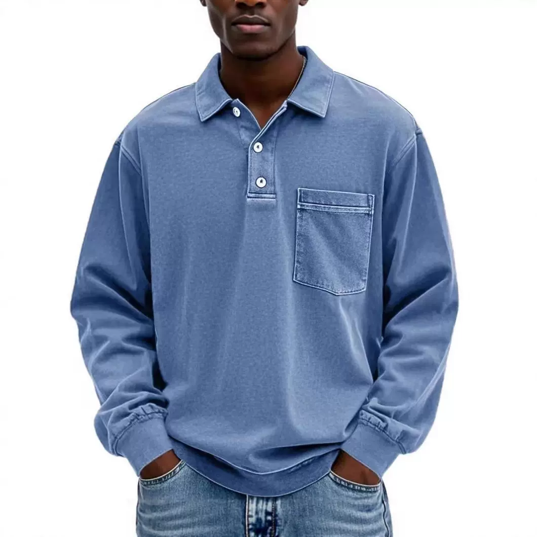 2025新款跨境亚马逊男士长袖衬衫休闲百搭简约宽松纽扣翻领polo衫