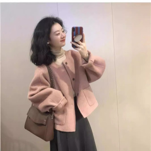 Pink Short Woolen Coat for Women 2025 Autumn and Winter New Korean Style Petite Elegant Tweed Jacket Trendy