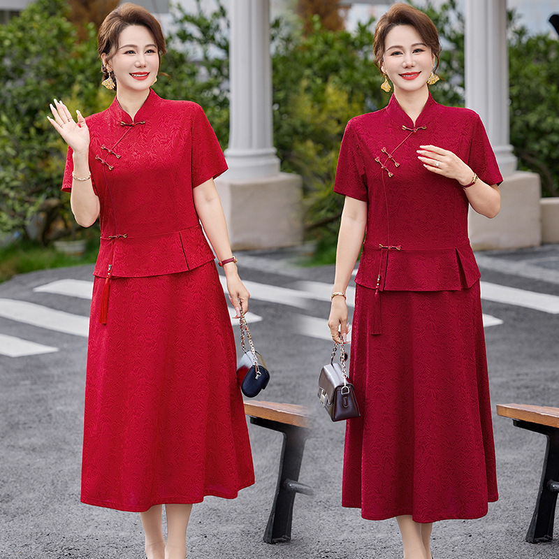 Red Cheongsam Wedding Dress for Elderly Women, 2026 Summer New Style, Two-Piece Dress, Elegant and Youthful Long Dress for Mothers