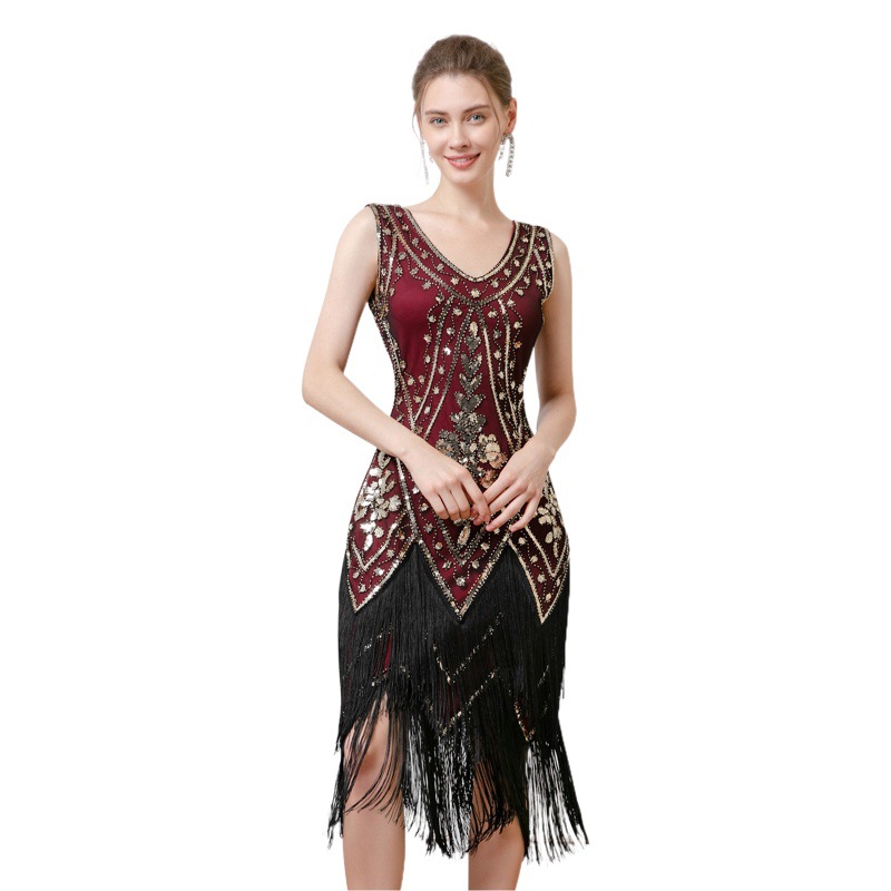 1920s vintage double-layer tassel dress Gatsby ball sequined dress Party party V-neck beaded dance dress