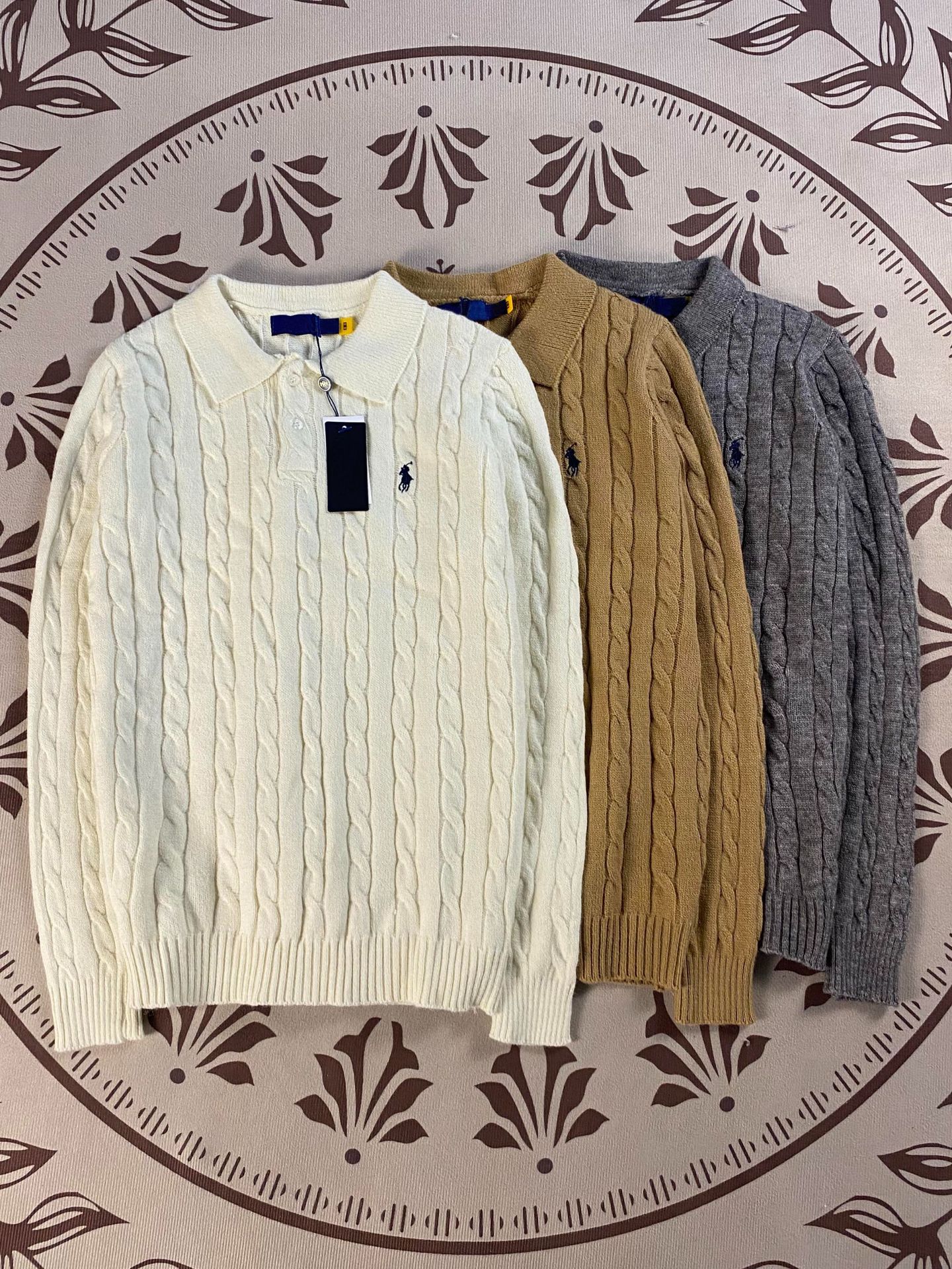 เสื้อไหมพรมแขนยาวผู้หญิง คอปก ปักลาย แนววินเทจ ฤดูใบไม้ร่วงและฤดูหนาว แบรนด์ RL ลาฟ ม้าเล็ก สำหรับคู่รัก ใส่ลำลอง พร้อมกระดุม