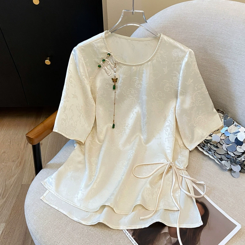 Фото реального образца новой летней китайской сатиновой жаккардовой элегантной рубашки 2025 года, высококачественный свободный топ в китайском стиле
