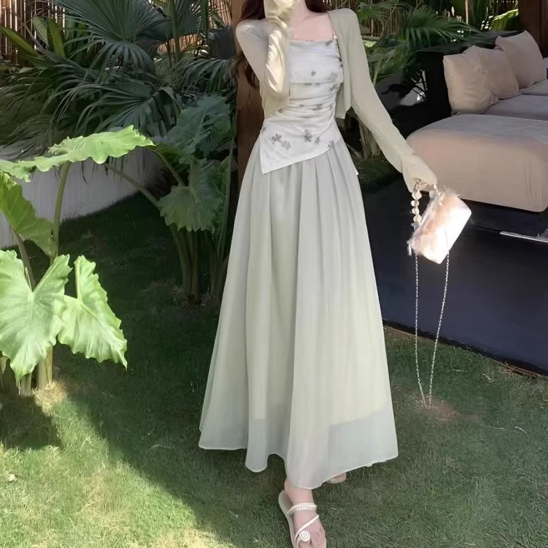 Bộ đầm maxi nữ thắt eo phong cách Trung Quốc mới, áo khoác ngoài + váy nửa người, thiết kế thắt lưng tôn dáng — Dây đeo+áo khoác+váy nửa người chi tiết 2
