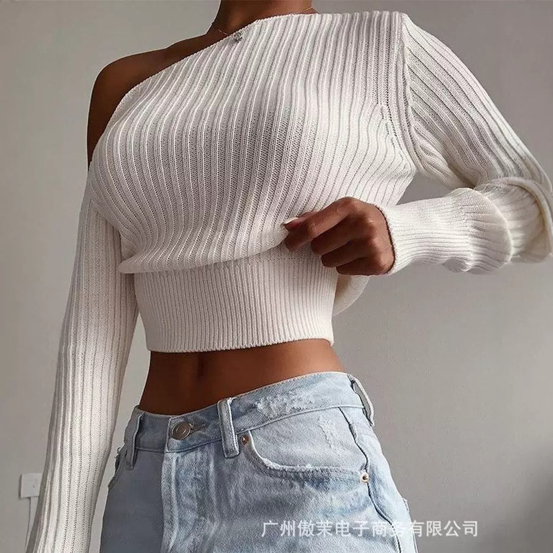 欧米の新型婦人服の上着の斜め肩の短いセーターYDF4767|undefined