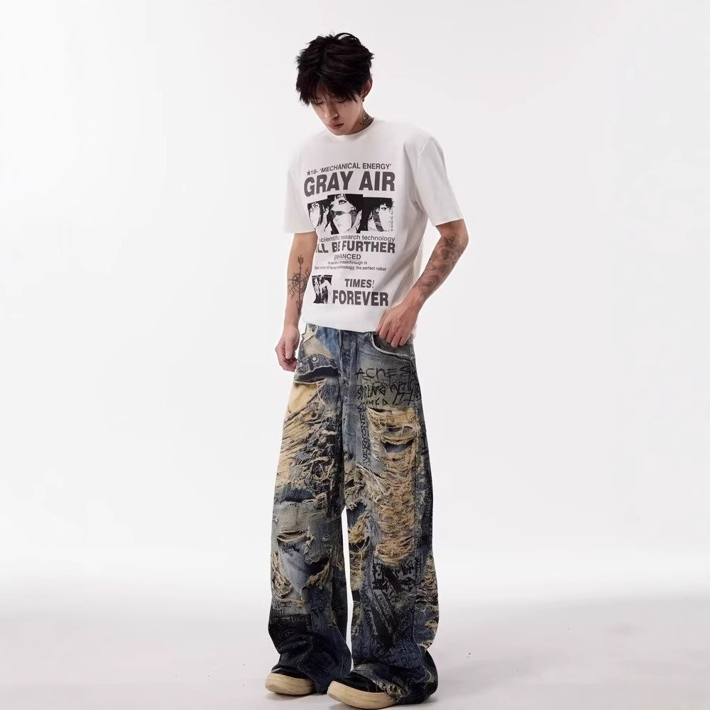 Herren-Jeans im Graffiti-Look mit 3D-Digital-Distressed-Effekt, Streetstyle, gerader Schnitt, lockere Passform, weites Bein_voghion.com