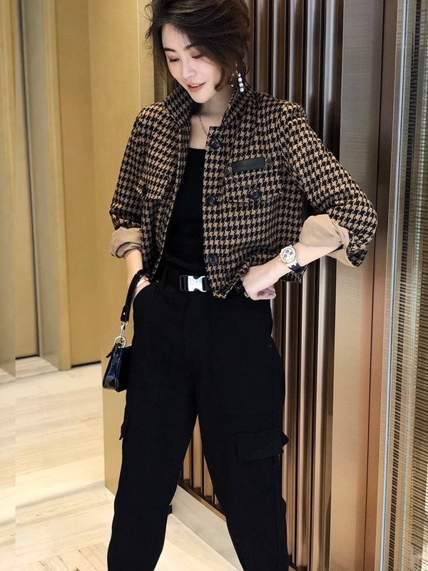 千鸟格短款外套女2025年秋装新款时尚小个子长袖夹克洋气休闲上衣|undefined