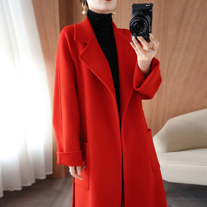 羊毛双面呢绒羊毛大衣女中长款毛呢冬高档显瘦法式韩版赫本风外套|undefined