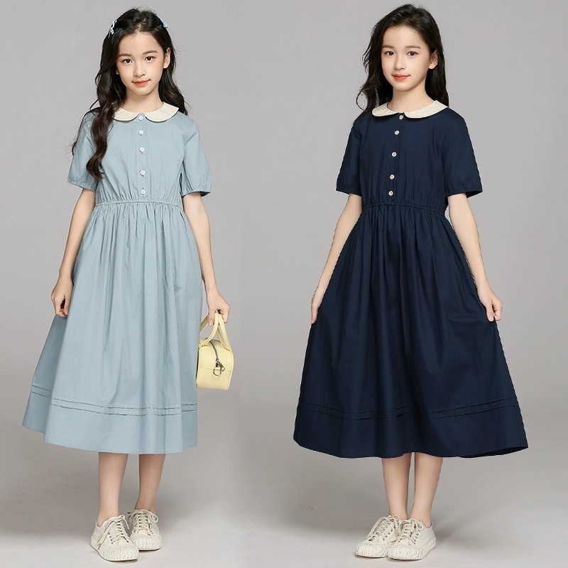 少女大童娃娃领短袖长裙夏装休闲女孩学院风连衣裙收腰气质公主裙