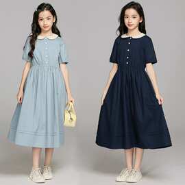 少女大童娃娃领短袖长裙夏装休闲女孩学院风连衣裙收腰气质公主裙