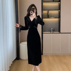 欧美跨境亚马逊黑色v领长袖金丝绒连衣裙网纱露腰显瘦包臀中长裙