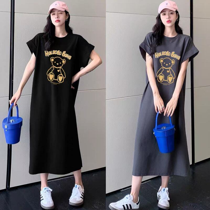 Plus-Size Women's Simple V-Neck Dress, Summer Mid-Length Over-The-Knee Short-Sleeve T-Shirt Dress, Lazy Style Slimming Long Dress Plus-Size Women's Simple V-Neck Dress, Summer Mid-Length Over-The-Knee Short-Sleeve T-Shirt Dress, Lazy Style Slimming Long Dress
