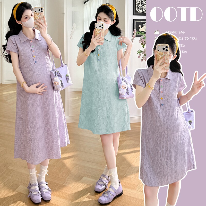 Actual Shot of the 2026 New Summer Short-Sleeve Cool and Refreshing Lapel Slim-Fit Mid-Length Maternity Dress