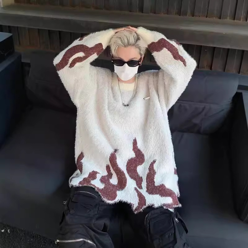 Original Autumn and Winter New Irregular Hem Design Pullover Sweater American Retro Flame Embroidered Knitwear for Men and Women