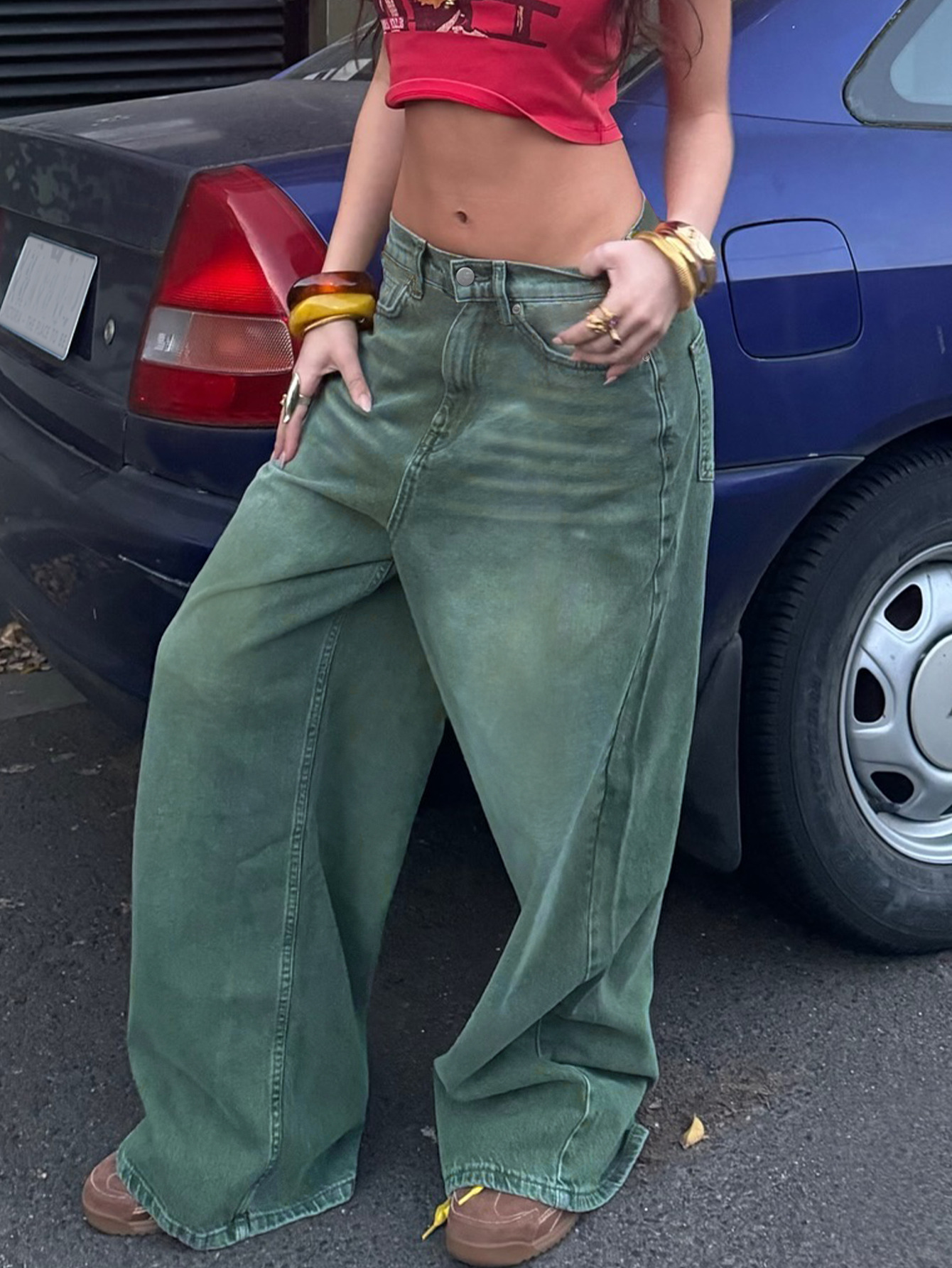 Vaqueros anchos de mujer estilo retro rectos lavados y rasgados_voghion.com