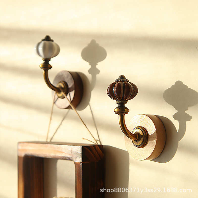 Cross-border Retro Ceramic Solid Wood Entrance Hallway Home Creative Punch-free Punch-free Nail-free Seamless Viscose Hood Hook