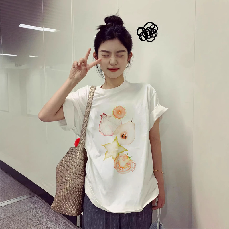 American High Street Style Fruit Print Pure Cotton Short-Sleeve T-Shirt for Women, Summer Trendy Brand Design, Niche Loose Half-Sleeve Top American High Street Style Fruit Print Pure Cotton Short-Sleeve T-Shirt for Women, Summer Trendy Brand Design, Niche Loose Half-Sleeve Top