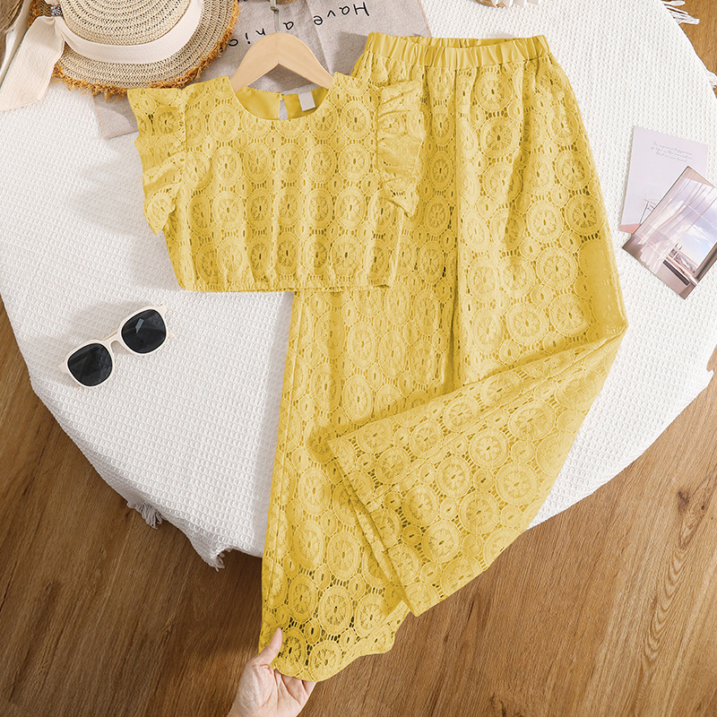 Conjunto de dos piezas para niñas, ropa infantil de comercio exterior, nueva colección primavera/verano 2026, estilo coreano, top con encaje hueco y mangas con volantes, y pantalones de pierna ancha.