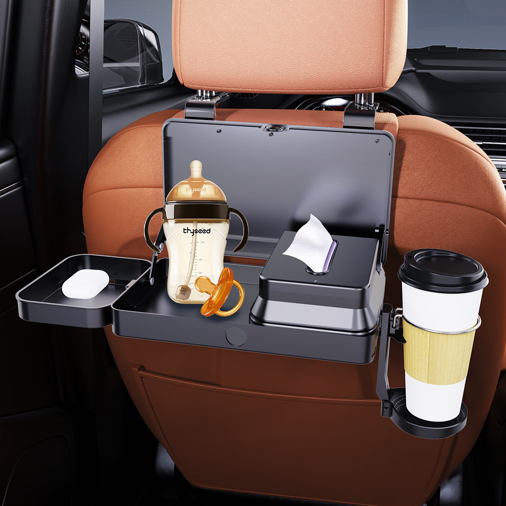 Multifunctional Car Table Tray with Cup Holder, Convenient Foldable Storage for Rear Seat, Trash Bin, and Tissue Box