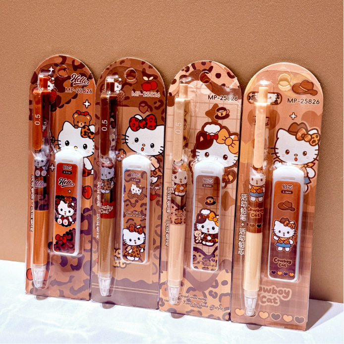 Nuevos productos de impresión de leopardo gatito juego de lápiz de dibujos animados de alto valor de cara lápiz automático de 0.5m lápiz + cartucho combinación