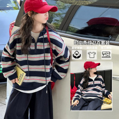 女童套装2025新款洋气童装女孩时尚百搭秋季韩系条纹卫衣两件套潮