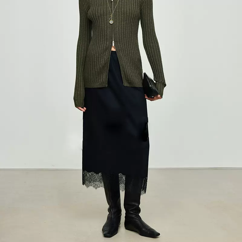 开/意大利法兰绒同厂法国蕾丝松紧腰直筒半裙2025秋冬新款半身裙